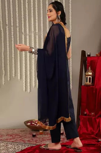 Woven Design Shoulder Straps Anarkali Kurta & Trousers With Dupatta
