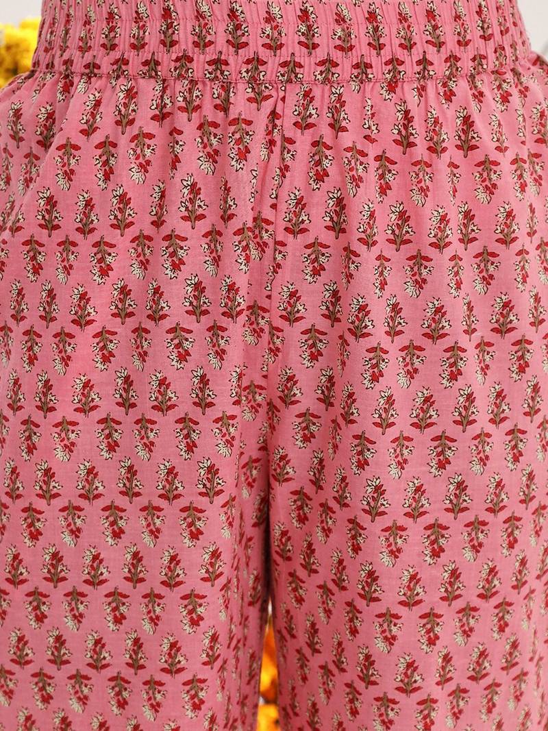 Pink Ethnic Motifs Printed Thread Work Straight Kurta & Trousers With Dupatta