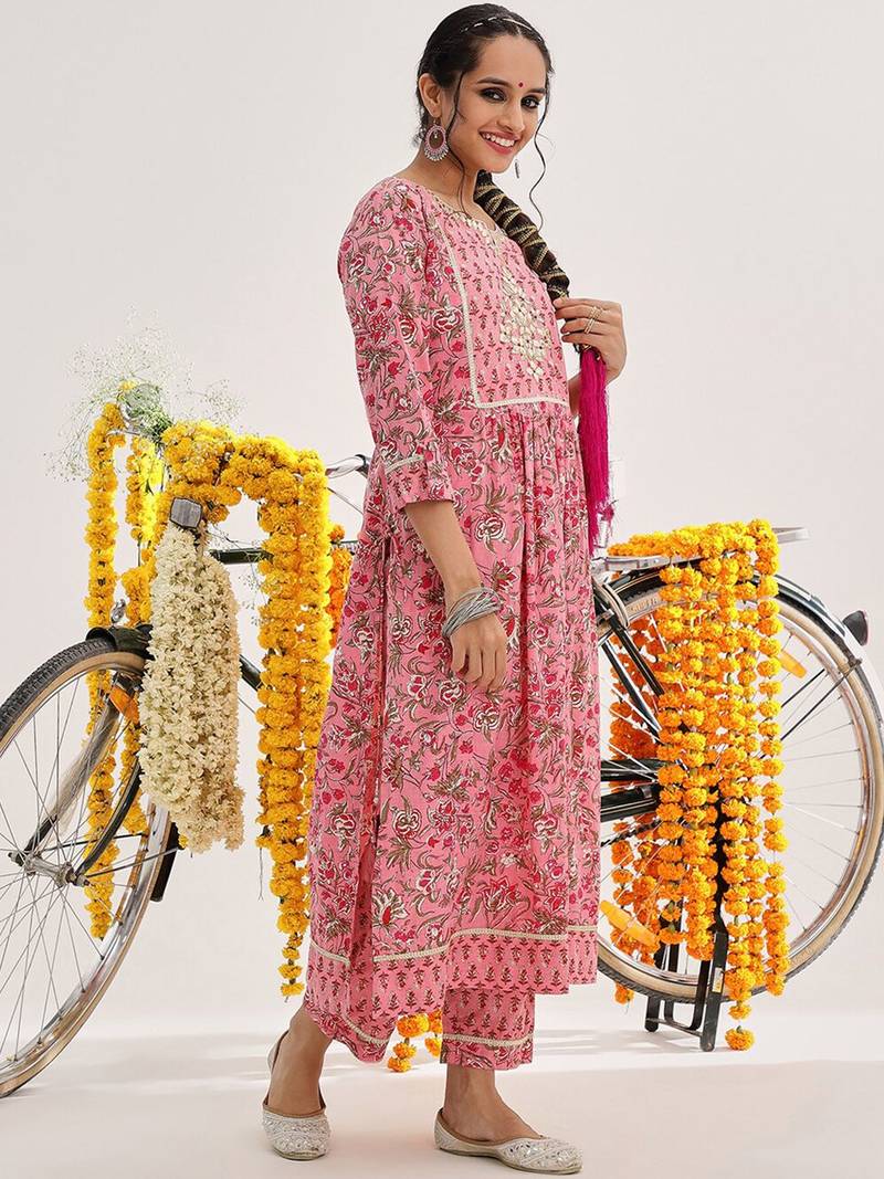 Pink Ethnic Motifs Printed Thread Work Straight Kurta & Trousers With Dupatta
