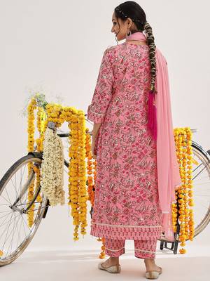 Pink Ethnic Motifs Printed Thread Work Straight Kurta & Trousers With Dupatta 6