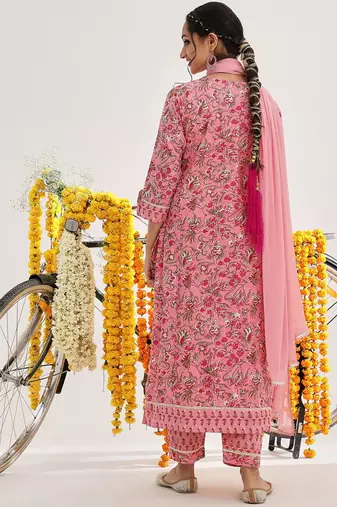 Pink Ethnic Motifs Printed Thread Work Straight Kurta & Trousers With Dupatta