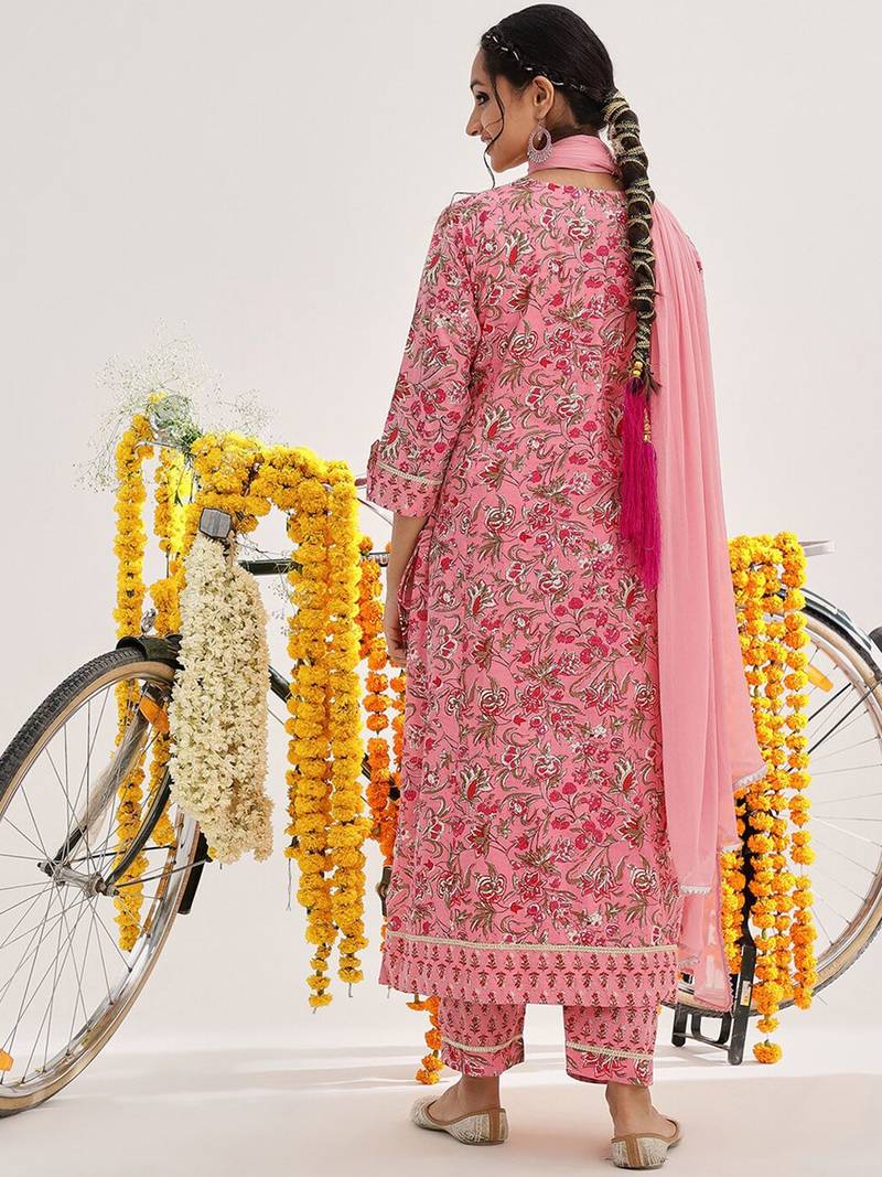 Pink Ethnic Motifs Printed Thread Work Straight Kurta & Trousers With Dupatta