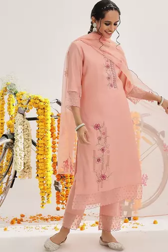 Floral Embroidered Sequinned Kurta & Trousers With Dupatta