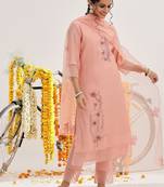 Floral Embroidered Sequinned Kurta & Trousers With Dupatta