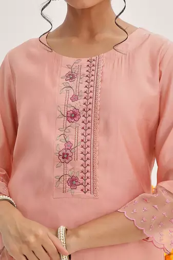 Floral Embroidered Sequinned Kurta & Trousers With Dupatta