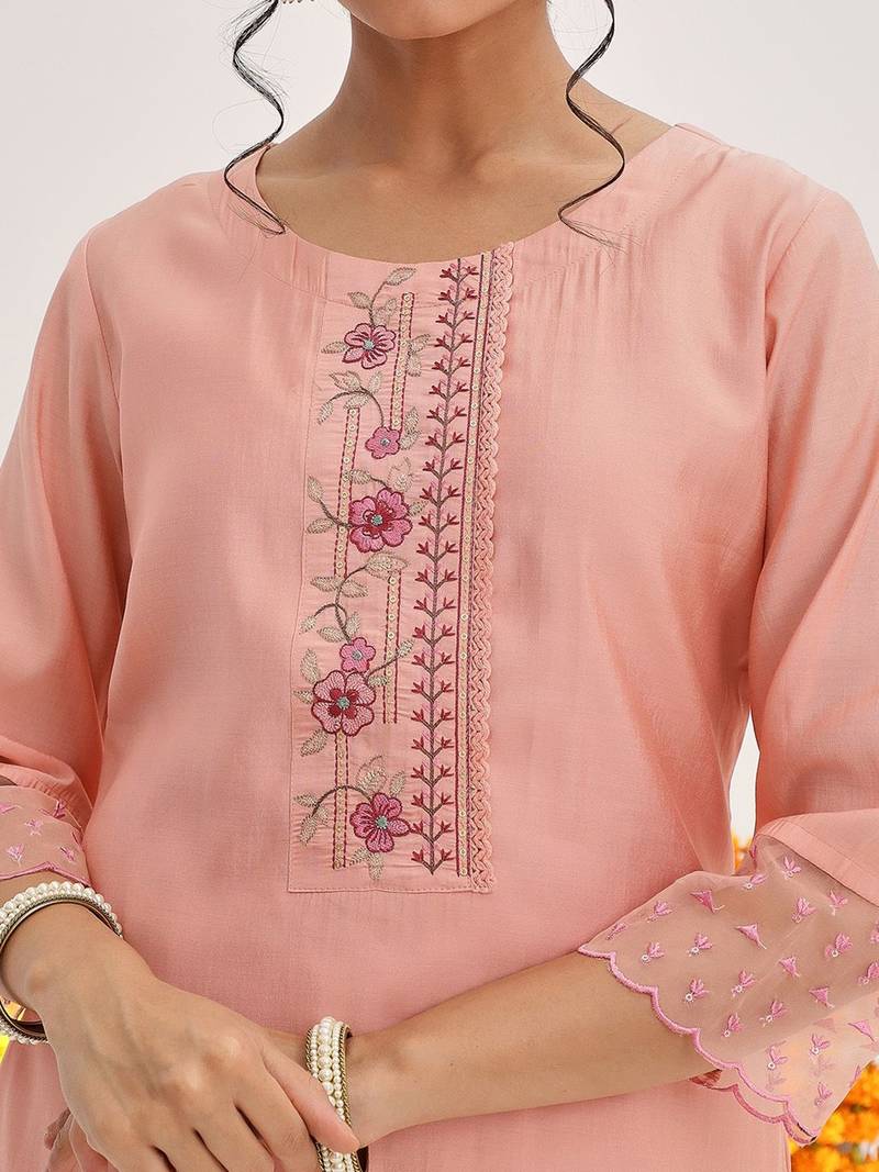 Floral Embroidered Sequinned Kurta & Trousers With Dupatta
