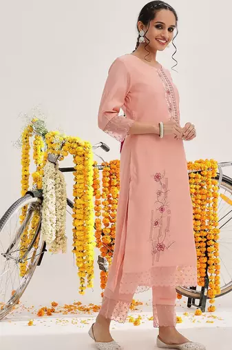 Floral Embroidered Sequinned Kurta & Trousers With Dupatta