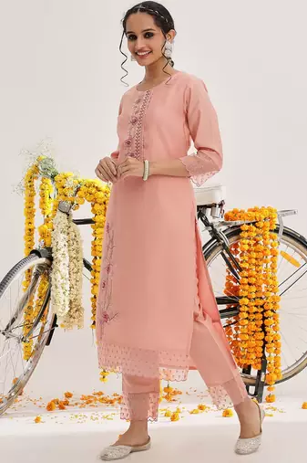 Floral Embroidered Sequinned Kurta & Trousers With Dupatta