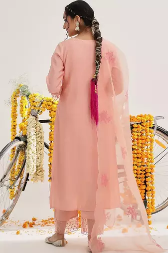 Floral Embroidered Sequinned Kurta & Trousers With Dupatta