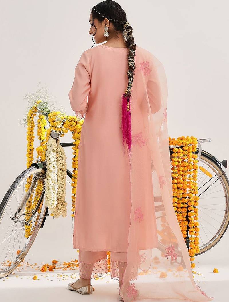 Floral Embroidered Sequinned Kurta & Trousers With Dupatta