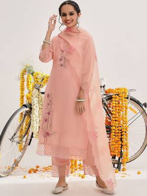 Floral Embroidered Sequinned Kurta & Trousers With Dupatta 7