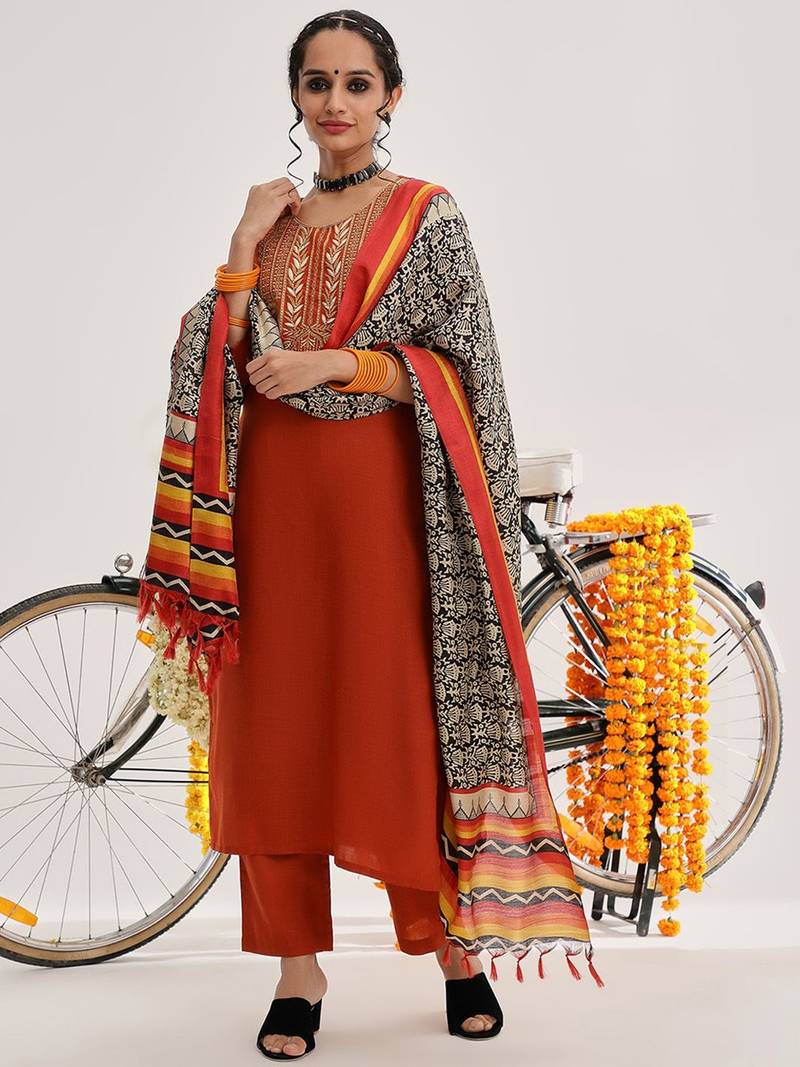 Floral Yoke Design Regular Kurta with Trousers & With Dupatta
