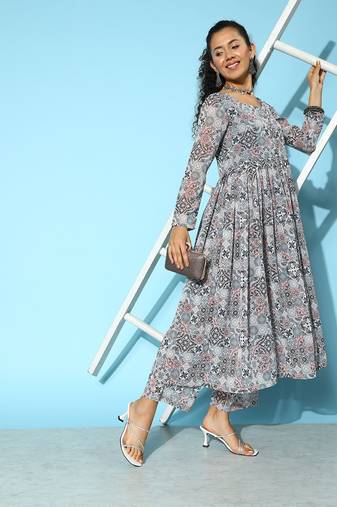 Printed Silk Georgette Kurta with Trousers
