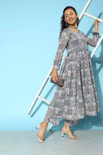 Printed Silk Georgette Kurta with Trousers