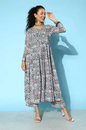Printed Silk Georgette Kurta with Trousers