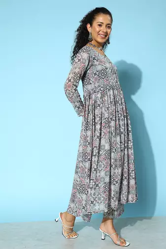 Printed Silk Georgette Kurta with Trousers
