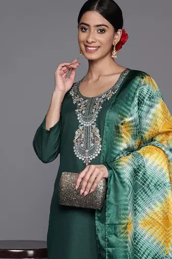 Floral Zari Embroidered Kurta With Trousers & Dupatta
