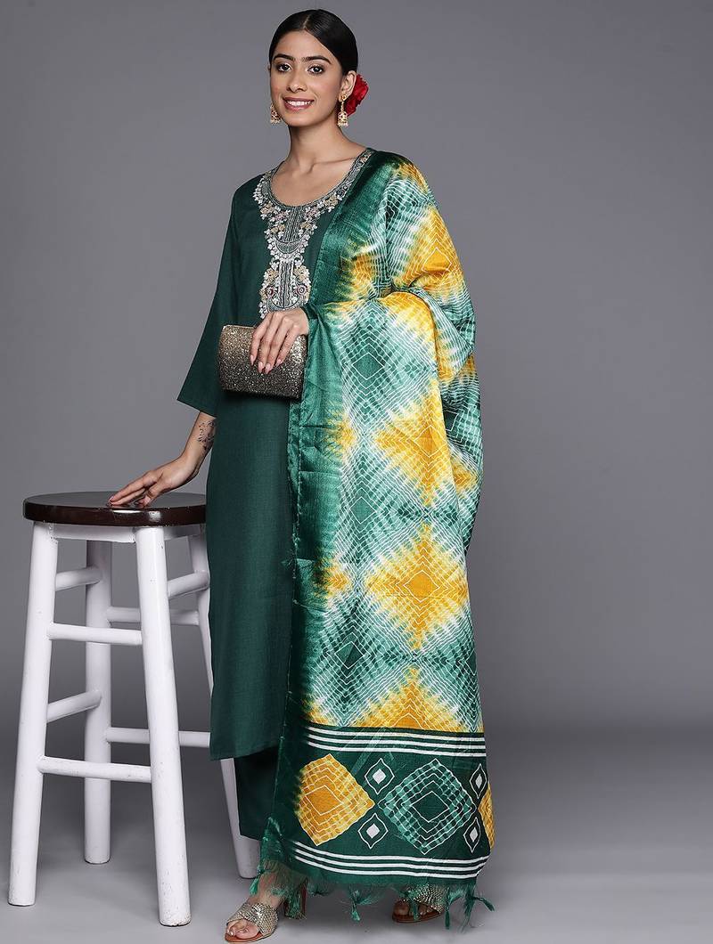 Floral Zari Embroidered Kurta With Trousers & Dupatta