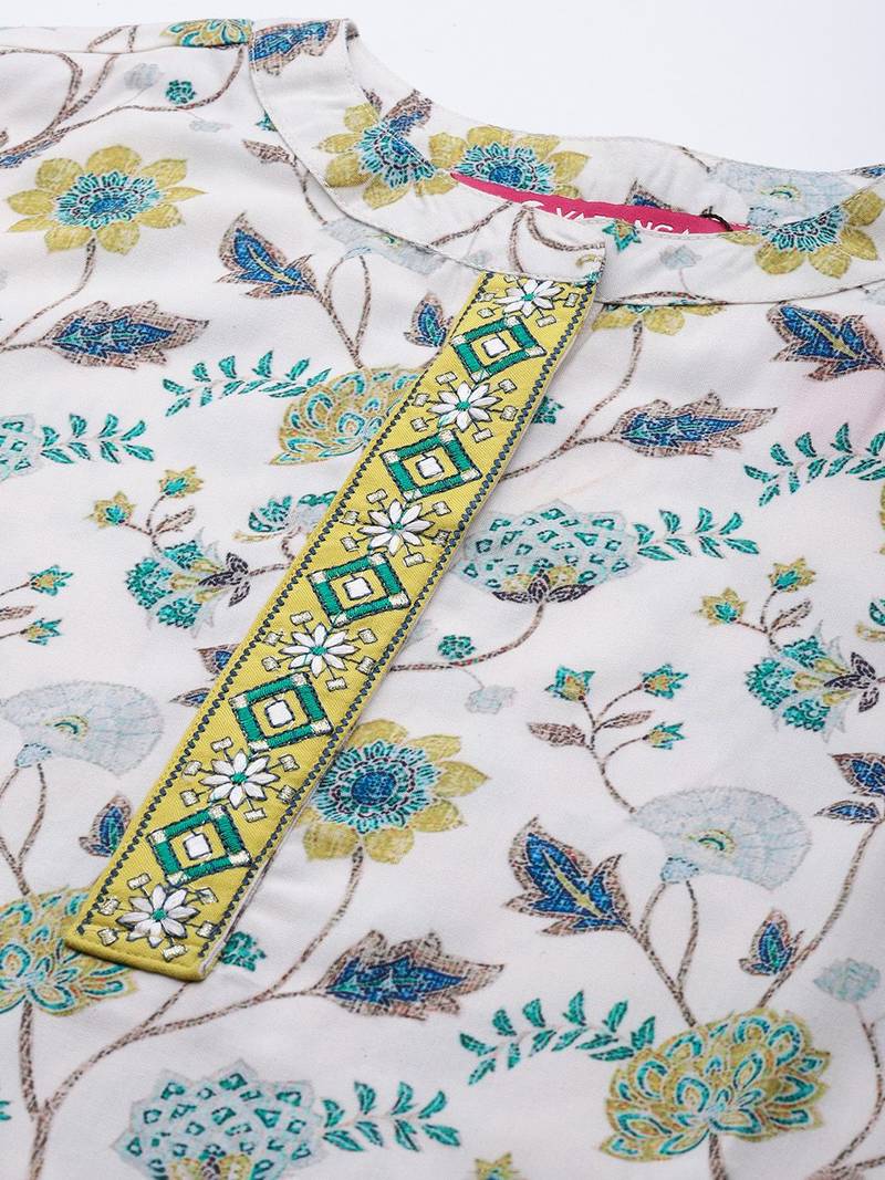 Floral Printed Regular Thread Work Kurta With Trousers & Dupatta