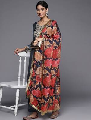 Women Grey Ethnic Motifs Yoke Design Mirror Work Kurta with Trousers & With Dupatta 1
