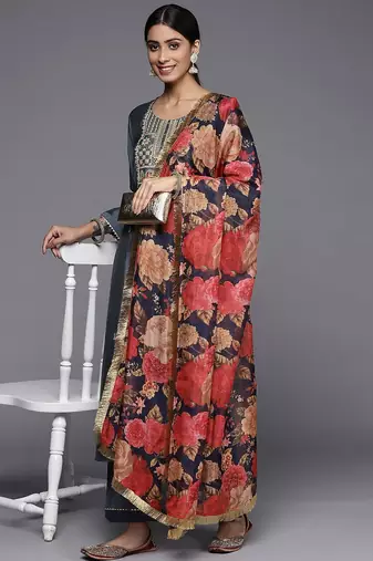 Women Grey Ethnic Motifs Yoke Design Mirror Work Kurta with Trousers & With Dupatta