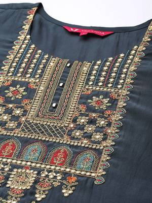 Women Grey Ethnic Motifs Yoke Design Mirror Work Kurta with Trousers & With Dupatta 2