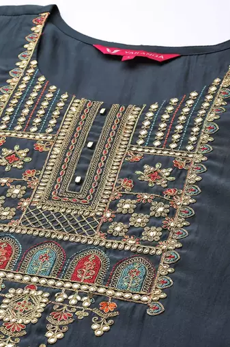 Women Grey Ethnic Motifs Yoke Design Mirror Work Kurta with Trousers & With Dupatta