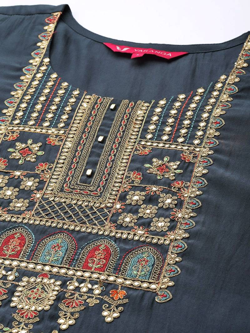 Women Grey Ethnic Motifs Yoke Design Mirror Work Kurta with Trousers & With Dupatta