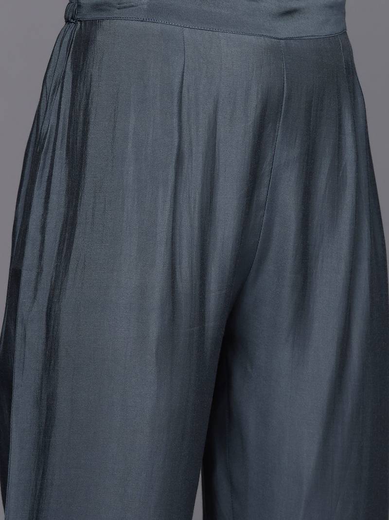 Women Grey Ethnic Motifs Yoke Design Mirror Work Kurta with Trousers & With Dupatta