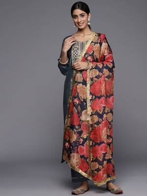Women Grey Ethnic Motifs Yoke Design Mirror Work Kurta with Trousers & With Dupatta 5