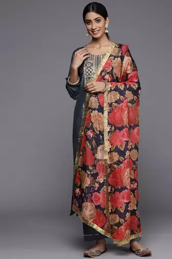 Women Grey Ethnic Motifs Yoke Design Mirror Work Kurta with Trousers & With Dupatta