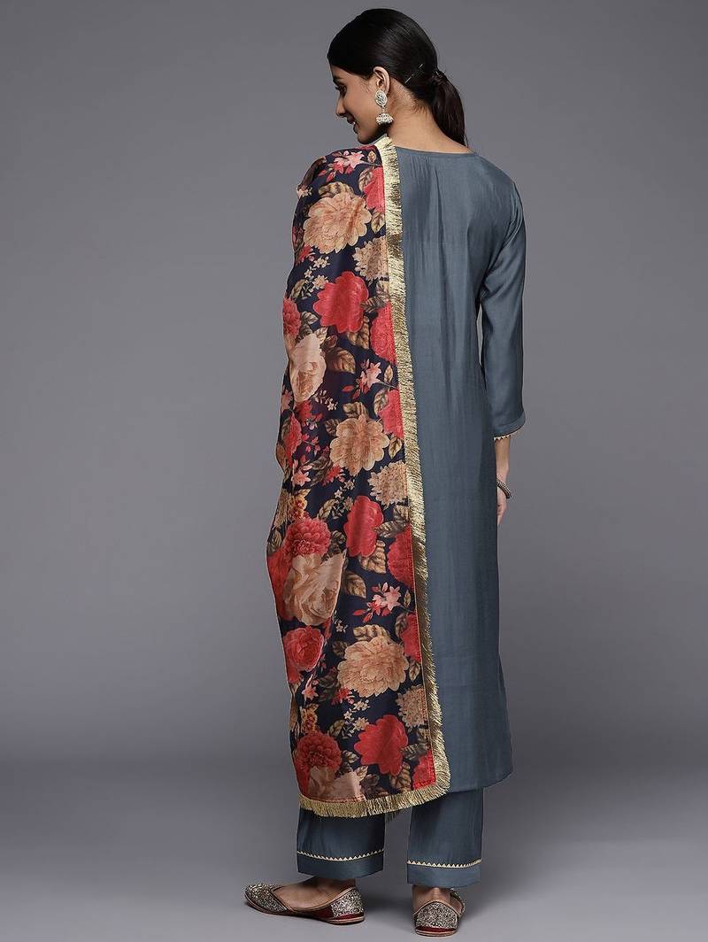 Women Grey Ethnic Motifs Yoke Design Mirror Work Kurta with Trousers & With Dupatta