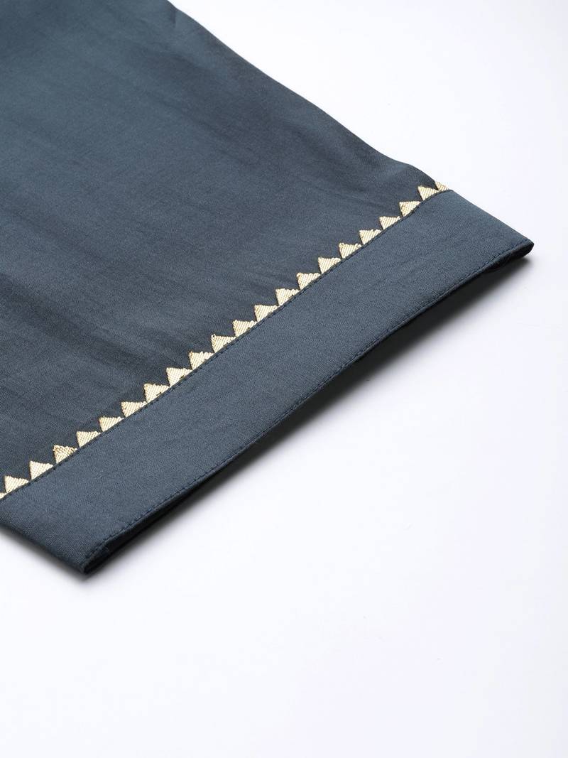 Women Grey Ethnic Motifs Yoke Design Mirror Work Kurta with Trousers & With Dupatta