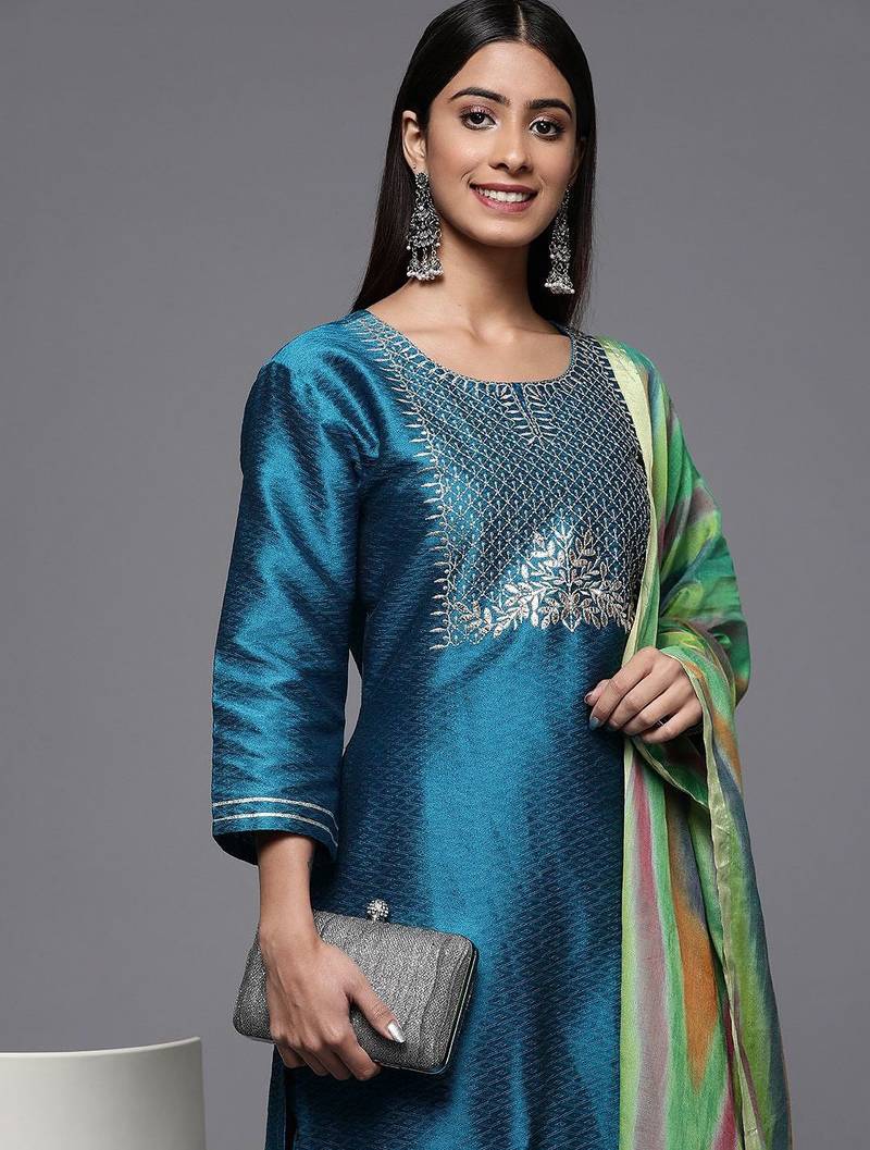 Ethnic Motifs Yoke & Woven Design Straight Kurta with Trousers & With Dupatta