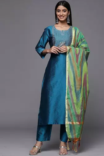 Ethnic Motifs Yoke & Woven Design Straight Kurta with Trousers & With Dupatta