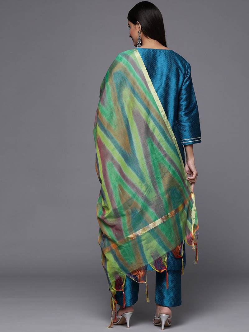 Ethnic Motifs Yoke & Woven Design Straight Kurta with Trousers & With Dupatta