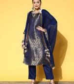 Women Floral Silk Blend Woven Metallic Kurta Set
