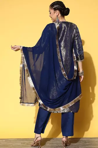Women Floral Silk Blend Woven Metallic Kurta Set