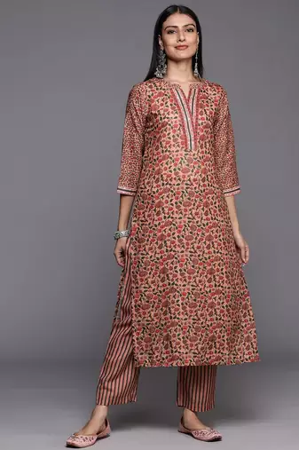 Women Peach-Coloured Ethnic Motifs Printed Kurta with Trousers