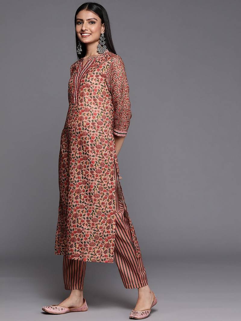 Women Peach-Coloured Ethnic Motifs Printed Kurta with Trousers