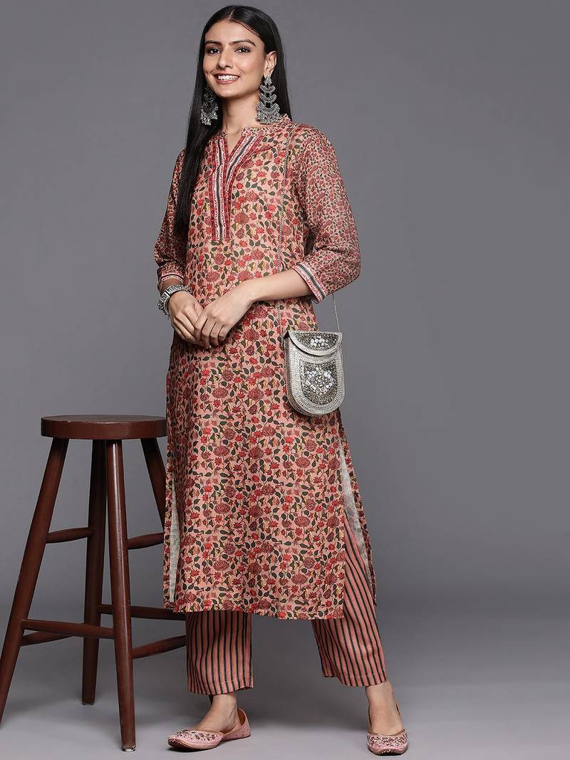 Women Peach-Coloured Ethnic Motifs Printed Kurta with Trousers