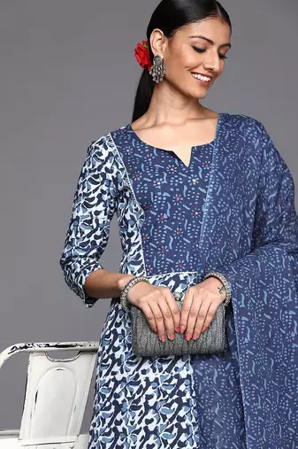 Women Blue Ethnic Motifs Printed Pure Cotton Kurta with Trousers & Dupatta