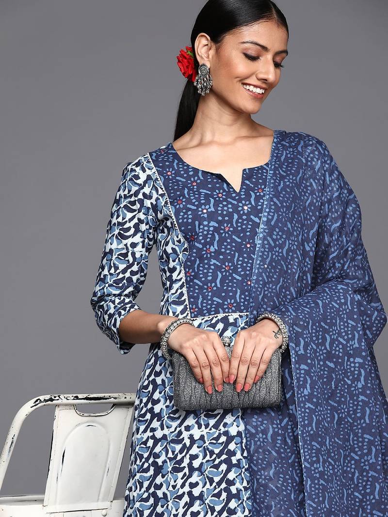 Women Blue Ethnic Motifs Printed Pure Cotton Kurta with Trousers & Dupatta