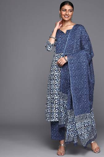 Women Blue Ethnic Motifs Printed Pure Cotton Kurta with Trousers & Dupatta