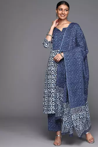 Women Blue Ethnic Motifs Printed Pure Cotton Kurta with Trousers & Dupatta