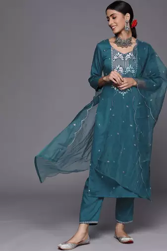 Women Teal Ethnic Motifs Embroidered Sequinned Kurta with Trousers & With Dupatta