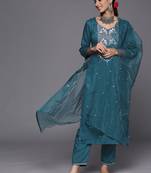 Women Teal Ethnic Motifs Embroidered Sequinned Kurta with Trousers & With Dupatta