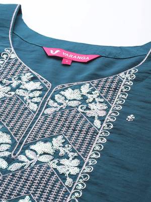 Women Teal Ethnic Motifs Embroidered Sequinned Kurta with Trousers & With Dupatta 2