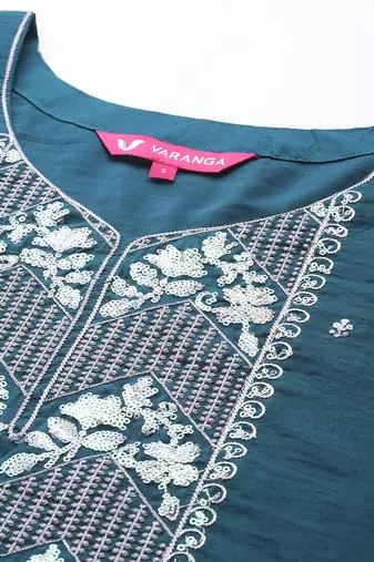 Women Teal Ethnic Motifs Embroidered Sequinned Kurta with Trousers & With Dupatta