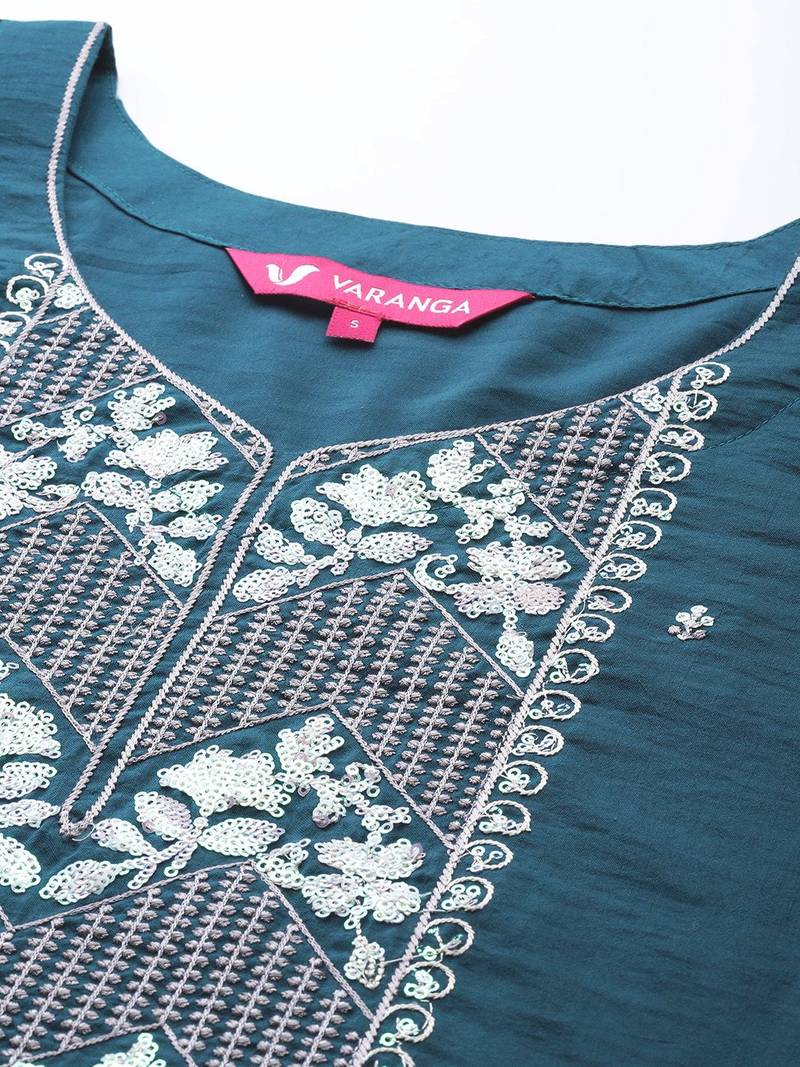 Women Teal Ethnic Motifs Embroidered Sequinned Kurta with Trousers & With Dupatta